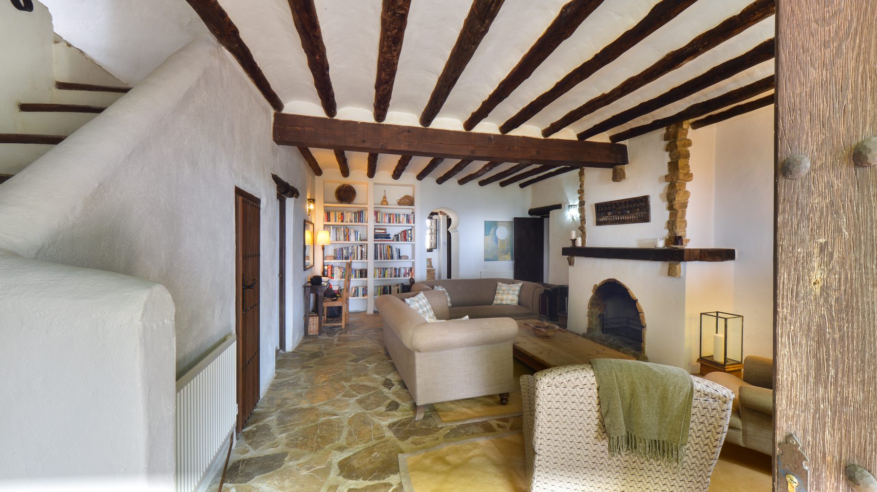 The living room and fireplace